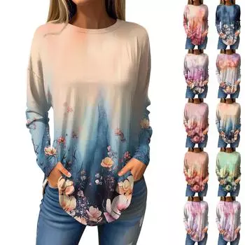 Футболки для женщин, осенние повседневные рубашки с длинным рукавом, толстовка, винтажный топ с графическим принтом, пуловер XXXXL синий