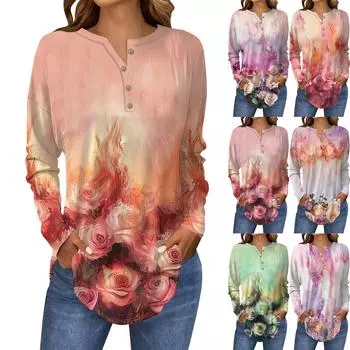 Футболки для женщин, осенние повседневные рубашки с длинным рукавом на пуговицах, толстовка с винтажным принтом, топ, пуловер XXL белый