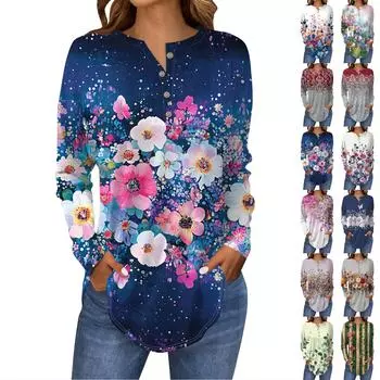 Футболки для женщин, осенние повседневные рубашки с длинным рукавом на пуговицах, толстовка с винтажным принтом, топ, пуловер XXXL фиолетовый