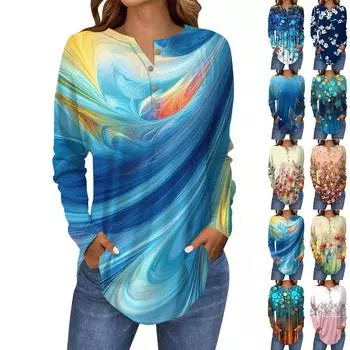 Футболки для женщин, осенние повседневные рубашки с длинным рукавом на пуговицах, толстовка с винтажным принтом, топ, пуловер L розовый