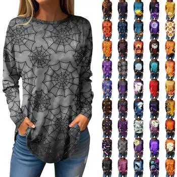 Футболки для женщин, осенние повседневные рубашки с длинным рукавом, толстовка с принтом на Хэллоуин, топ, пуловер XXXL чёрный
