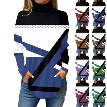 Футболки для женщин, осенние повседневные рубашки с длинными рукавами, толстовка с винтажным принтом, топ с высоким воротом, пуловер S синий