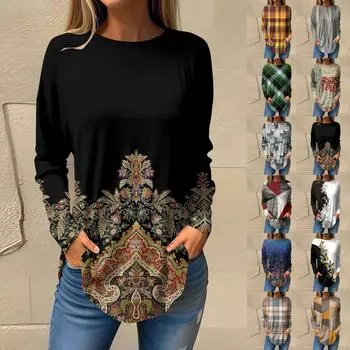 Футболки для женщин, осенние повседневные рубашки с длинными рукавами, толстовка с ретро-принтом, топ, пуловер L