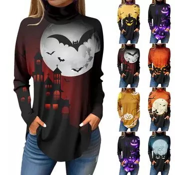 Футболки для женщин, осенние повседневные рубашки с длинными рукавами, толстовка с принтом на Хэллоуин, топ с высоким воротом, пуловер XXXL винный