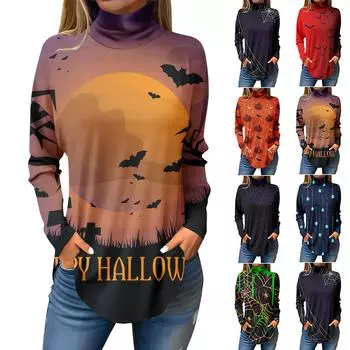 Футболки для женщин, осенние повседневные рубашки с длинными рукавами, толстовка с принтом на Хэллоуин, топ с высоким воротом, пуловер L винный