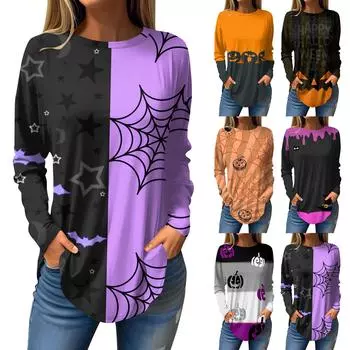 Футболки для женщин, осенние повседневные рубашки с длинным рукавом, толстовка с принтом на Хэллоуин, топ, пуловер XXXL чёрный