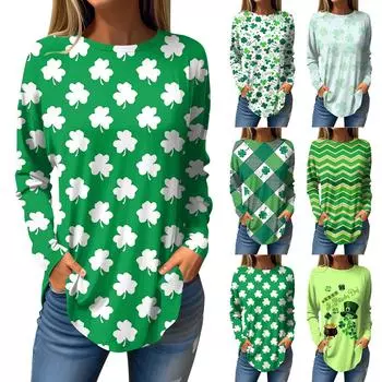 Футболки для женщин, осенние повседневные рубашки с длинным рукавом, толстовка с ретро-принтом, топ, пуловер St. День Патрика S белый