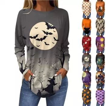 Футболки для женщин, осенние повседневные рубашки с длинными рукавами на Хэллоуин, толстовка с принтом, топ, пуловер L