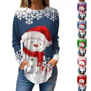 Футболки для женщин, осенние повседневные рубашки с длинным рукавом, толстовка с рождественским принтом, топ, пуловер L синий