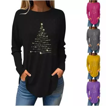 Футболки для женщин, осенние повседневные рубашки с длинным рукавом, толстовка с рождественским принтом, топ, пуловер M чёрный