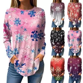 Футболки для женщин, осенние повседневные рубашки с длинным рукавом, толстовки с винтажным графическим принтом, топы, пуловеры, рождественские XXXL