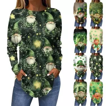 Футболки для женщин, осенние повседневные рубашки с длинным рукавом, толстовка с винтажным графическим принтом, топ, пуловер St.. День Патрика XXL зелёный