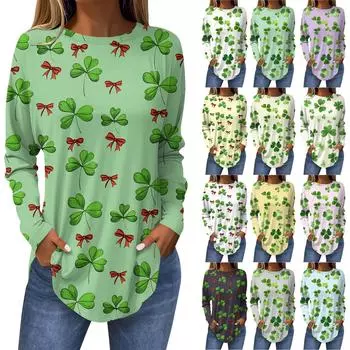 Футболки для женщин, осенние повседневные рубашки с длинным рукавом, толстовка с винтажным графическим принтом, топ, пуловер St.. День Патрика XXL зелёный