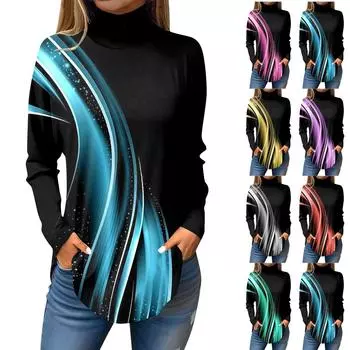 Футболки для женщин, осенние повседневные рубашки с длинными рукавами, толстовка с винтажным принтом, топ с высоким воротом, пуловер S фиолетовый