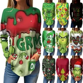 Футболки для женщин, осенние повседневные рубашки с длинными рукавами, толстовка в стиле ретро, рождественский топ с принтом, пуловер XXXL чёрный