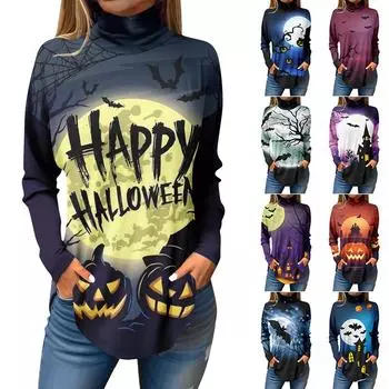Футболки для женщин, осенние повседневные рубашки с длинными рукавами, толстовка с принтом на Хэллоуин, топ с высоким воротом, пуловер XXXL синий