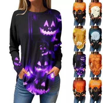 Футболки для женщин, осенние повседневные рубашки с длинным рукавом, толстовка с принтом на Хэллоуин, топ, пуловер S