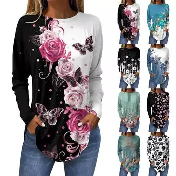 Футболки для женщин, осенние повседневные рубашки с длинным рукавом, толстовка с принтом, топ, пуловер L чёрный