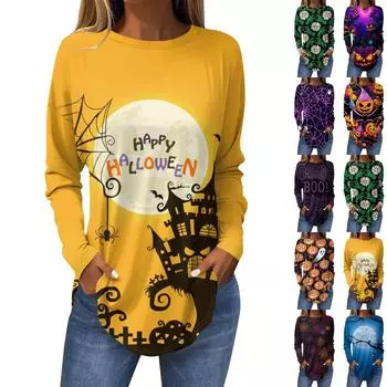 Футболки для женщин, осенние повседневные рубашки с длинными рукавами на Хэллоуин, толстовка с принтом, топ, пуловер XXL жёлтый