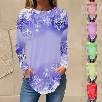 Футболки для женщин, осенние повседневные рубашки с длинными рукавами, толстовка с ретро-принтом, топ для рождественской вечеринки, пуловер S синий