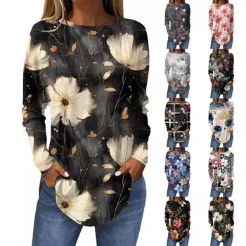 Футболки для женщин, осенние повседневные рубашки с длинными рукавами, толстовка с ретро-принтом, топ, пуловер L золотой