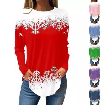 Футболки для женщин, осенние повседневные рубашки с длинным рукавом, толстовка с рождественским принтом, топ, пуловер M