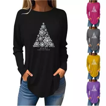 Футболки для женщин, осенние повседневные рубашки с длинным рукавом, толстовка с рождественским принтом, топ, пуловер M чёрный