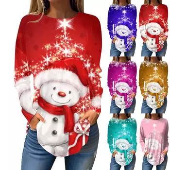 Футболки для женщин, осенние повседневные рубашки с длинными рукавами, толстовка с ретро-принтом, топ для рождественской вечеринки, пуловер L синий