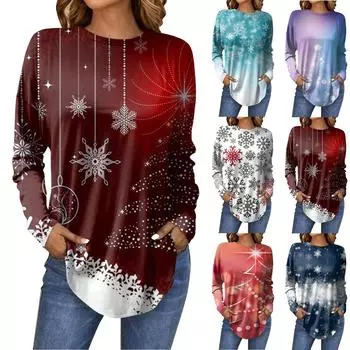 Футболки для женщин, осенние повседневные рубашки с длинными рукавами, толстовка с ретро-принтом, топ для рождественской вечеринки, пуловер L тёмно-синий