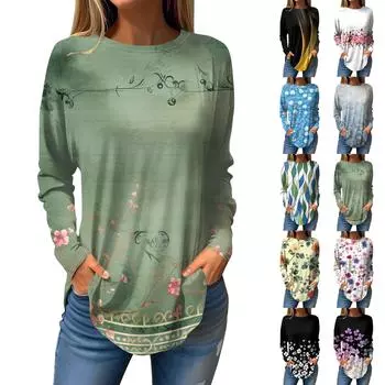 Футболки для женщин, осенние повседневные рубашки с длинным рукавом, толстовка, винтажный топ с графическим принтом, пуловер L чёрный
