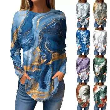 Футболки для женщин, осенние повседневные рубашки с длинным рукавом, толстовка, винтажный топ с графическим принтом, пуловер L синий