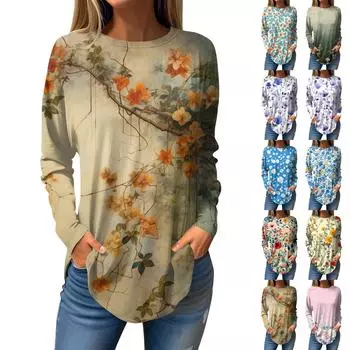 Футболки для женщин, осенние повседневные рубашки с длинным рукавом, толстовка, винтажный топ с графическим принтом, пуловер M зелёный