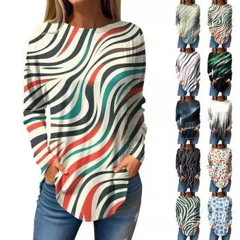 Футболки для женщин, осенние повседневные рубашки с длинным рукавом, толстовка, винтажный топ с графическим принтом, пуловер L чёрный