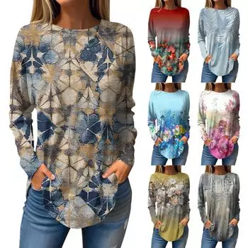 Футболки для женщин, осенний повседневный модный топ с длинным рукавом, пуловер с принтом, топ XL