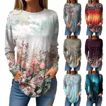 Футболки для женщин, осенний повседневный модный топ с длинным рукавом, пуловер с принтом, топ XXXL красный