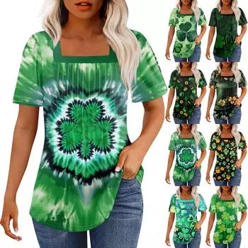 Футболки для женщин плиссированные квадратные вырезы нарядные повседневные блузки St. Летние топы с короткими рукавами и принтом ко Дню Святого Патрика, свободный крой L армия зеленый