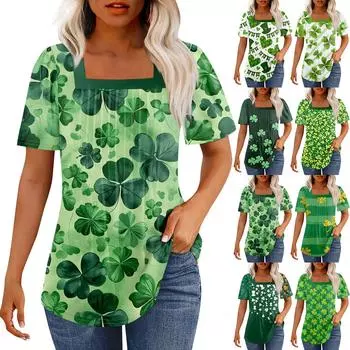 Футболки для женщин плиссированные квадратные вырезы нарядные повседневные блузки St. Летние топы с короткими рукавами и принтом ко Дню Святого Патрика, свободный крой L армия зеленый