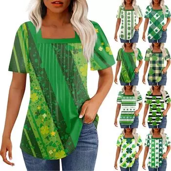 Футболки для женщин плиссированные квадратные вырезы нарядные повседневные блузки St. Летние топы с короткими рукавами и принтом ко Дню Святого Патрика, свободный крой L армия зеленый