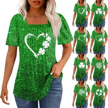 Футболки для женщин плиссированные квадратные вырезы нарядные повседневные блузки St. Летние топы с короткими рукавами и принтом ко Дню Святого Патрика, свободный крой XXXL