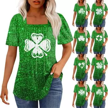 Футболки для женщин плиссированные квадратные вырезы нарядные повседневные блузки St. Летние топы с короткими рукавами и принтом ко Дню Святого Патрика, свободный крой L