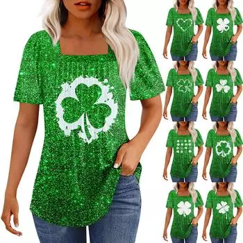 Футболки для женщин плиссированные квадратные вырезы нарядные повседневные блузки St. Летние топы с короткими рукавами и принтом ко Дню Святого Патрика, свободный крой XXXL