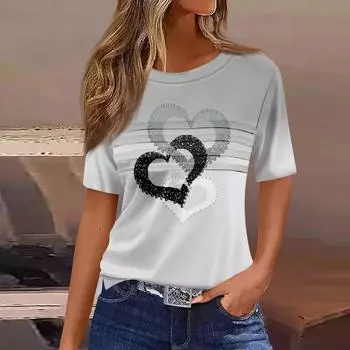 Футболки для женщин, плиссированные, с круглым вырезом, нарядные, повседневные, блузки с принтом, с коротким рукавом, летние топы, свободный крой L чёрный