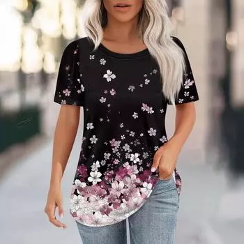 Футболки для женщин, плиссированные, с круглым вырезом, нарядные, повседневные, блузки с принтом, с коротким рукавом, летние топы, свободный крой L чёрный