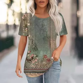 Футболки для женщин, плиссированные, с круглым вырезом, нарядные, повседневные, блузки с принтом, с коротким рукавом, летние топы, свободный крой L армия зеленый