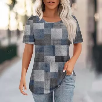 Футболки для женщин, плиссированные, с круглым вырезом, нарядные, повседневные, блузки с принтом, с коротким рукавом, летние топы, свободный крой L синий