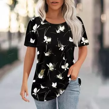 Футболки для женщин, плиссированные, с круглым вырезом, нарядные, повседневные, блузки с принтом, с коротким рукавом, летние топы, свободный крой L чёрный