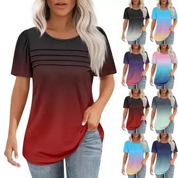 Футболки для женщин, плиссированные, с круглым вырезом, нарядные, повседневные, блузки с принтом, с коротким рукавом, летние топы, свободный крой L чёрный