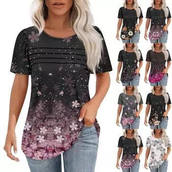 Футболки для женщин, плиссированные, с круглым вырезом, нарядные, повседневные, блузки с принтом, с коротким рукавом, летние топы, свободный крой L чёрный
