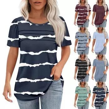 Футболки для женщин, плиссированные, с круглым вырезом, нарядные, повседневные, блузки с принтом, с коротким рукавом, летние топы, свободный крой L чёрный