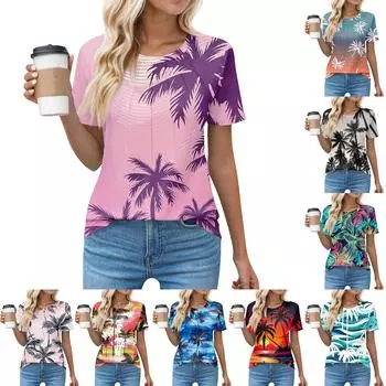 Футболки для женщин, плиссированные, с круглым вырезом, нарядные, повседневные, блузки с принтом, с коротким рукавом, летние топы, свободный крой L чёрный